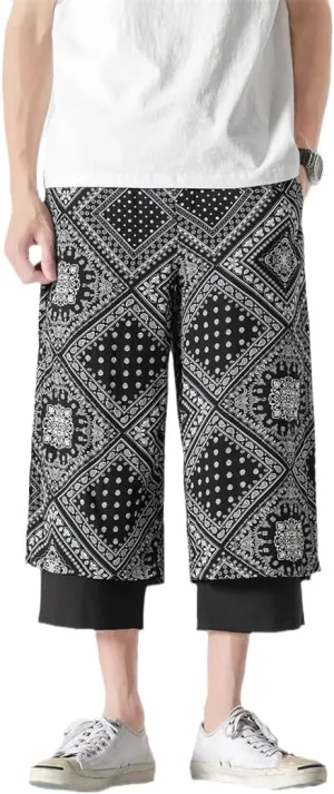 Mens Streetwear Retro Print Baggy Irregular Harem Pant Samurai Skirts Trousers