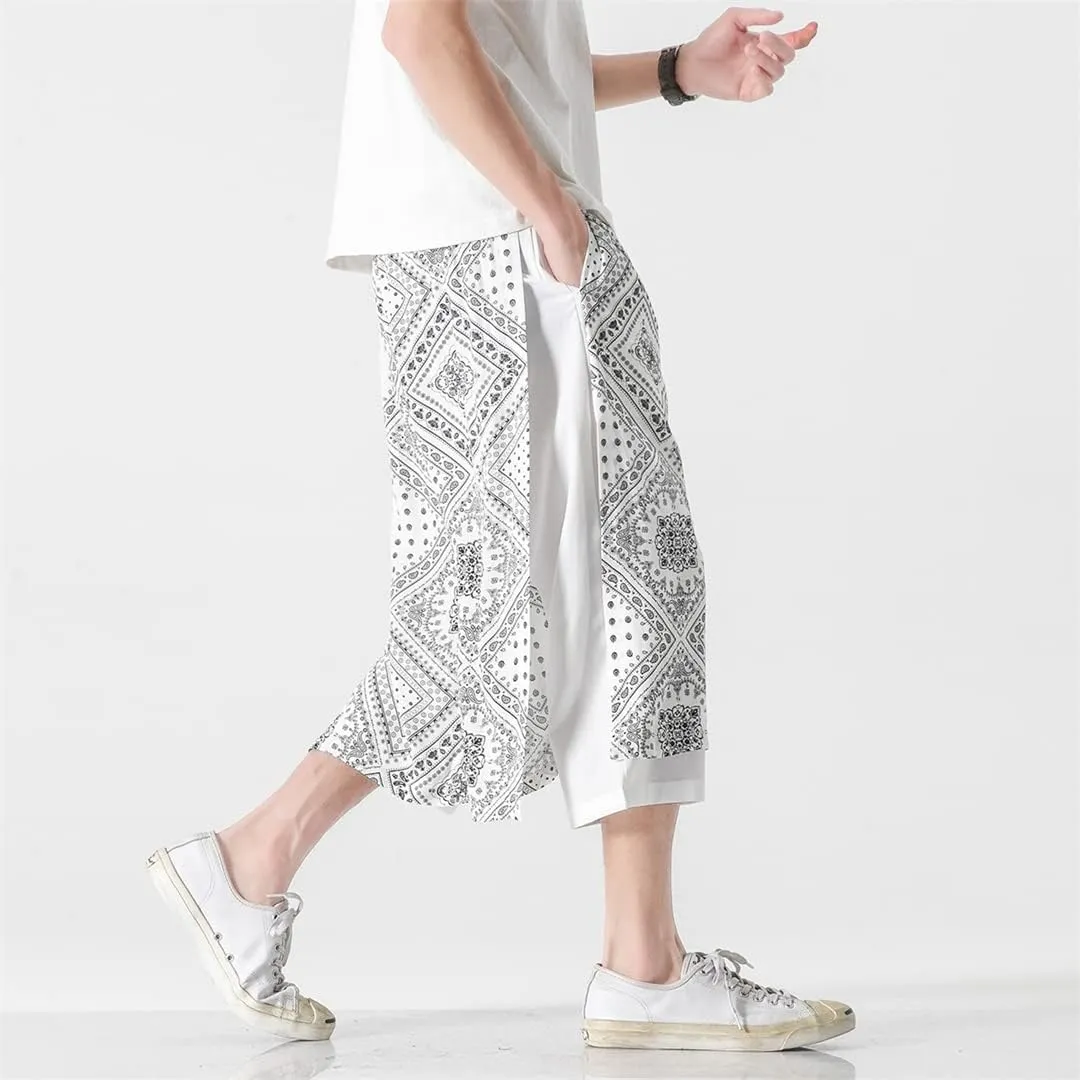 Mens Streetwear Retro Print Baggy Irregular Harem Pant Samurai Skirts Trousers