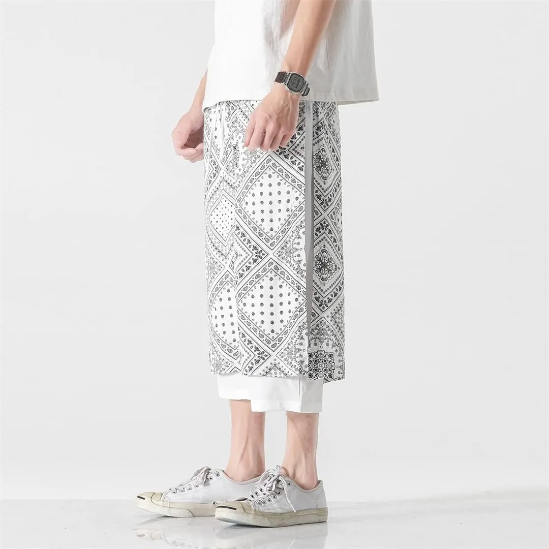 Mens Streetwear Retro Print Baggy Irregular Harem Pant Samurai Skirts Trousers