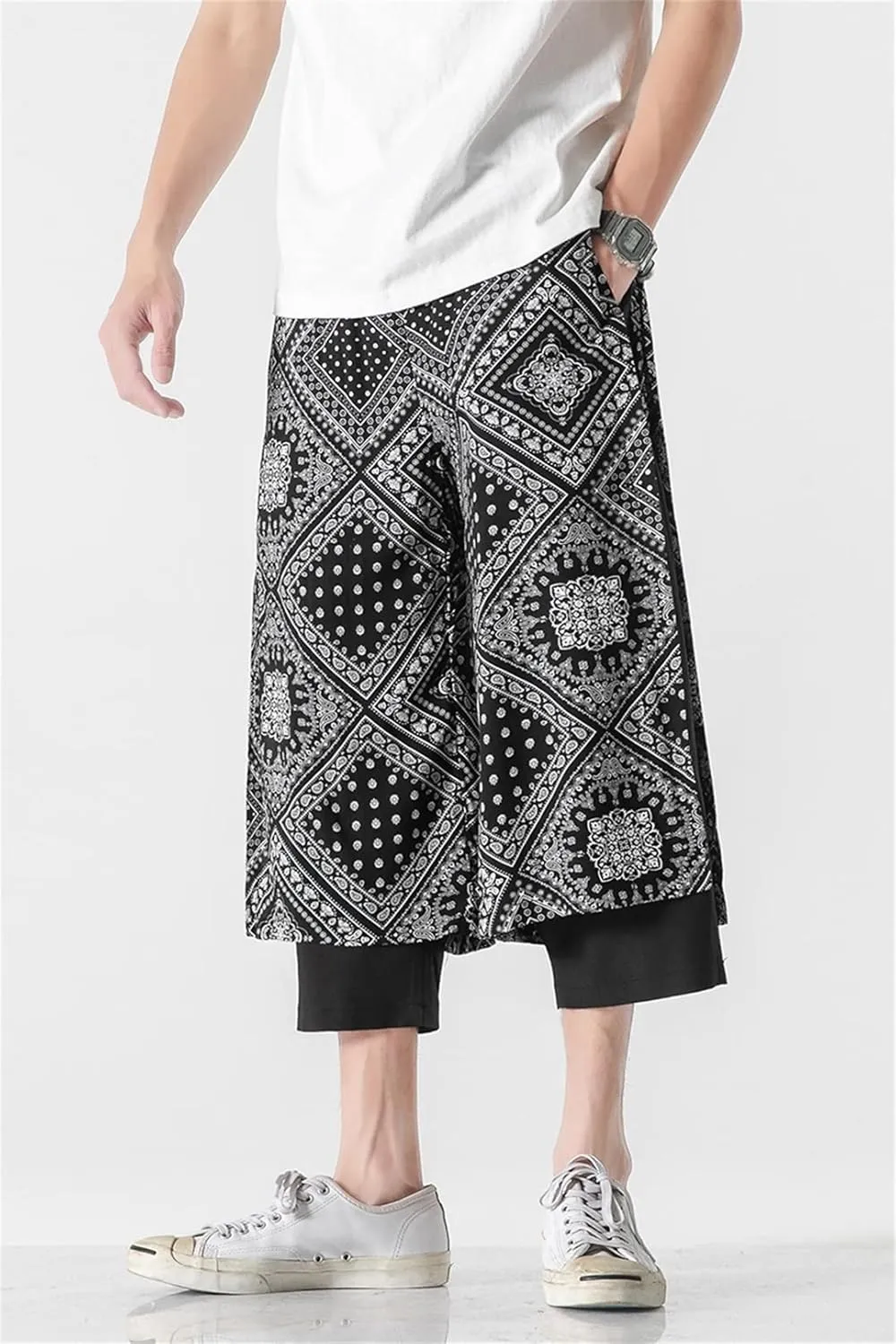 Mens Streetwear Retro Print Baggy Irregular Harem Pant Samurai Skirts Trousers