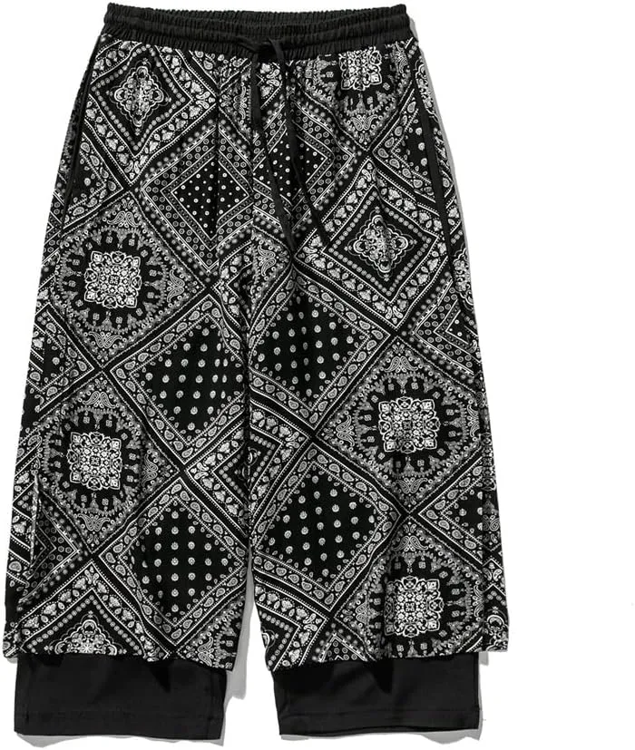 Mens Streetwear Retro Print Baggy Irregular Harem Pant Samurai Skirts Trousers