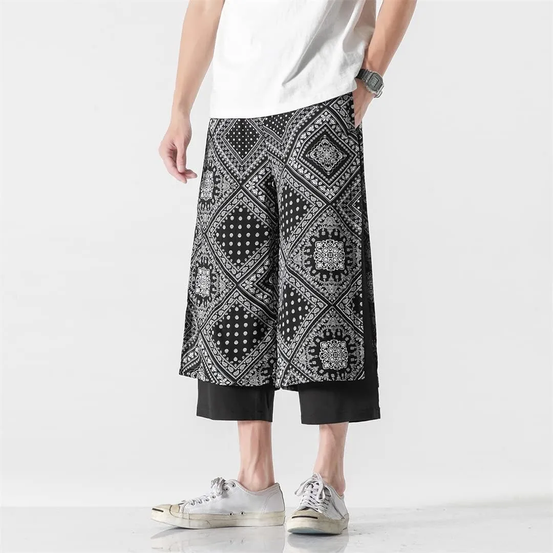 Mens Streetwear Retro Print Baggy Irregular Harem Pant Samurai Skirts Trousers