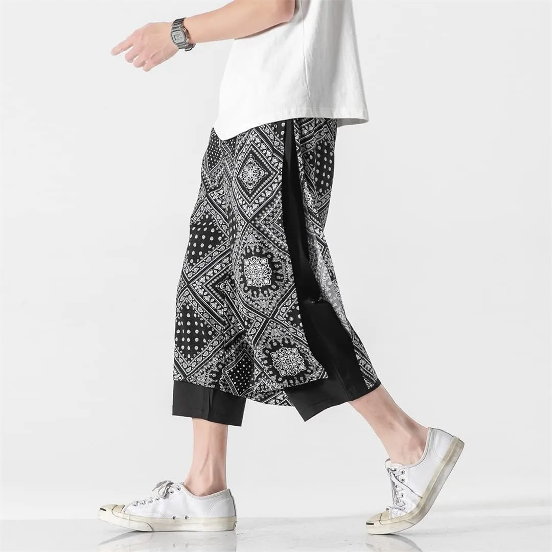 Mens Streetwear Retro Print Baggy Irregular Harem Pant Samurai Skirts Trousers