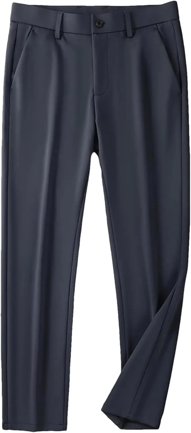 Men's Stretched Nylon Slim Fit Chinos Pants Business Casual Work Straight Long Suit Trousers