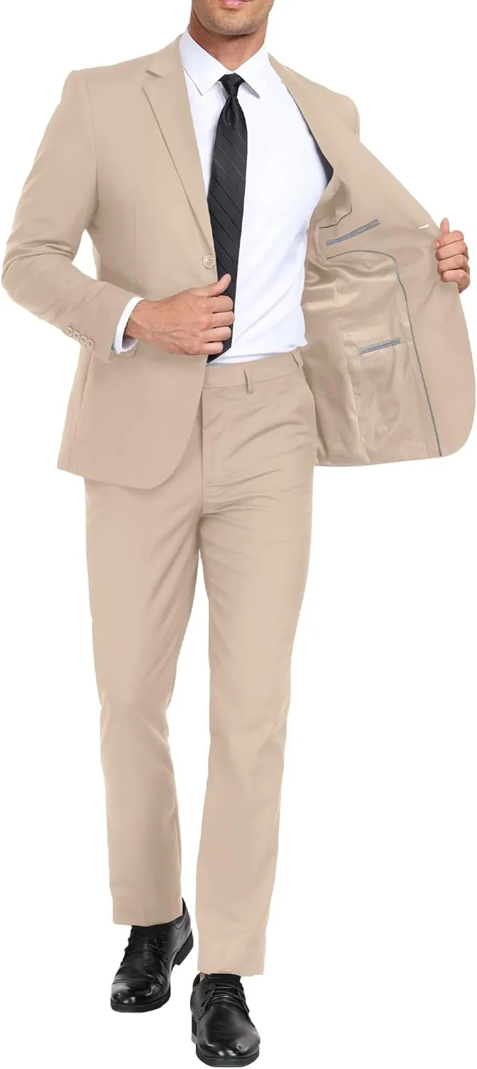 Mens Suits Slim Fit 2 Piece, Solid Blazer Pants Business Suit Set Prom Tuxedo Wedding Suit Jacket Pants Set