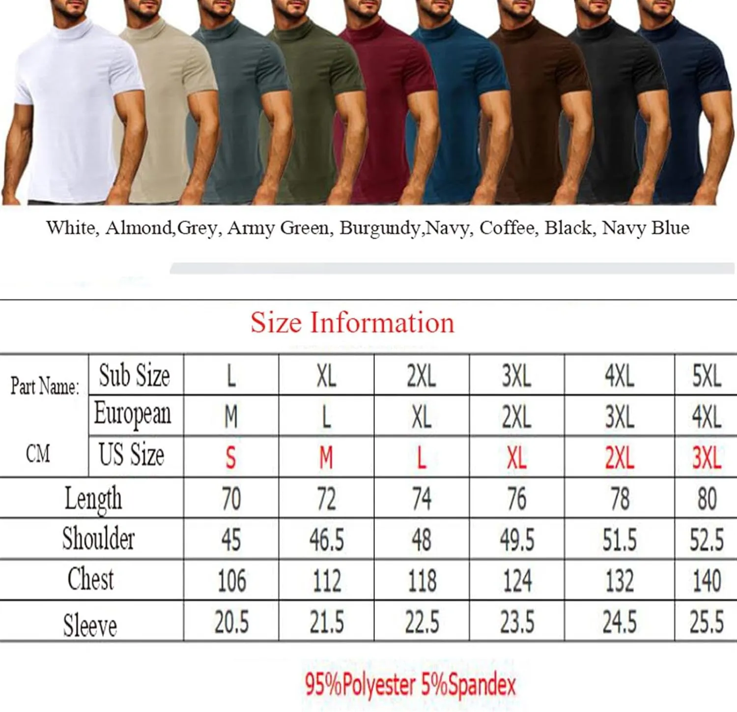 Mens T Shirt Short Sleeve Basic Turtleneck Slim Fit Undershirt Pullover Solid Sport Shirts Tops