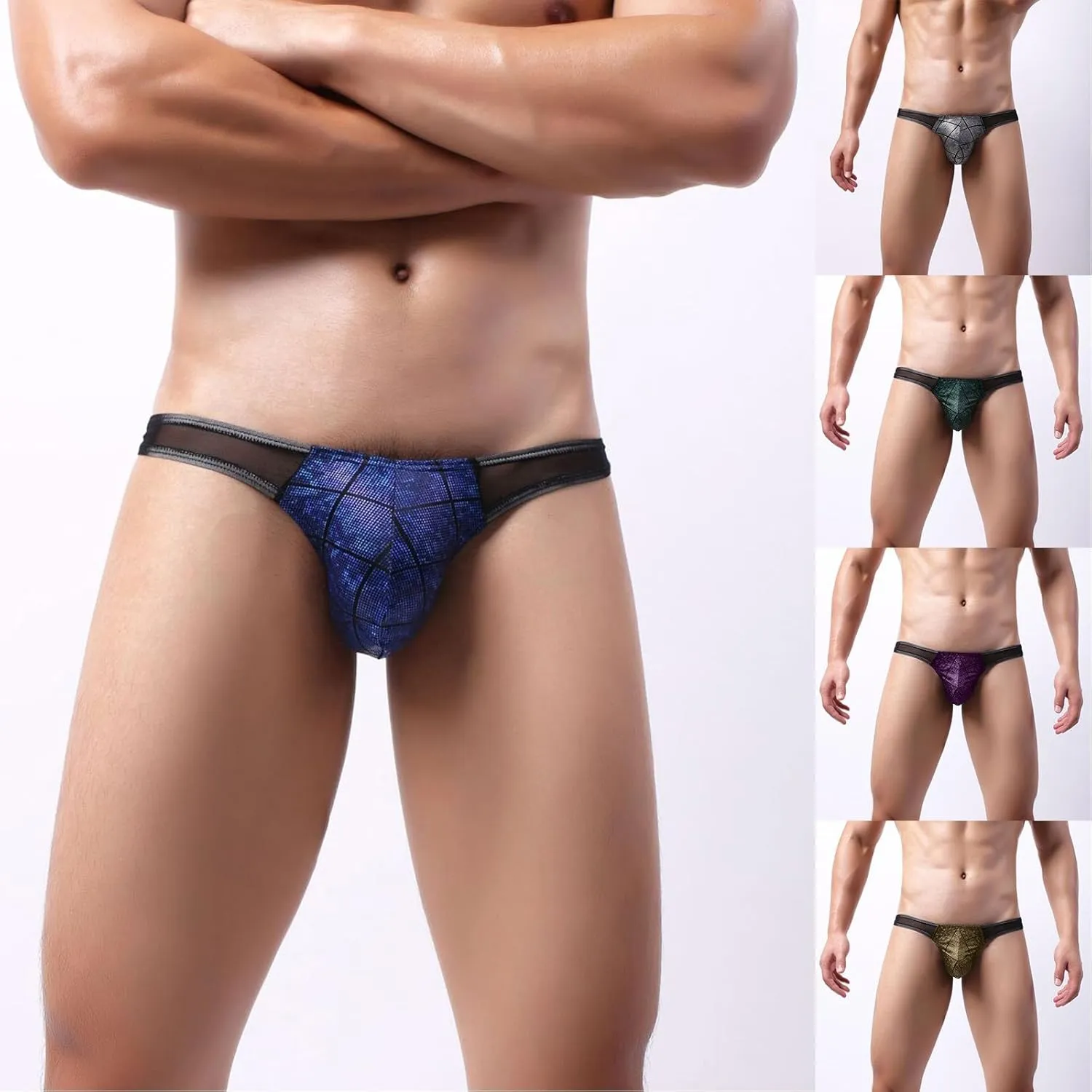 Men's Thongs G-String Mesh Underwear Low Waist Briefs Artificial Leather Bulge Pouch Sexy Underwear Briefs