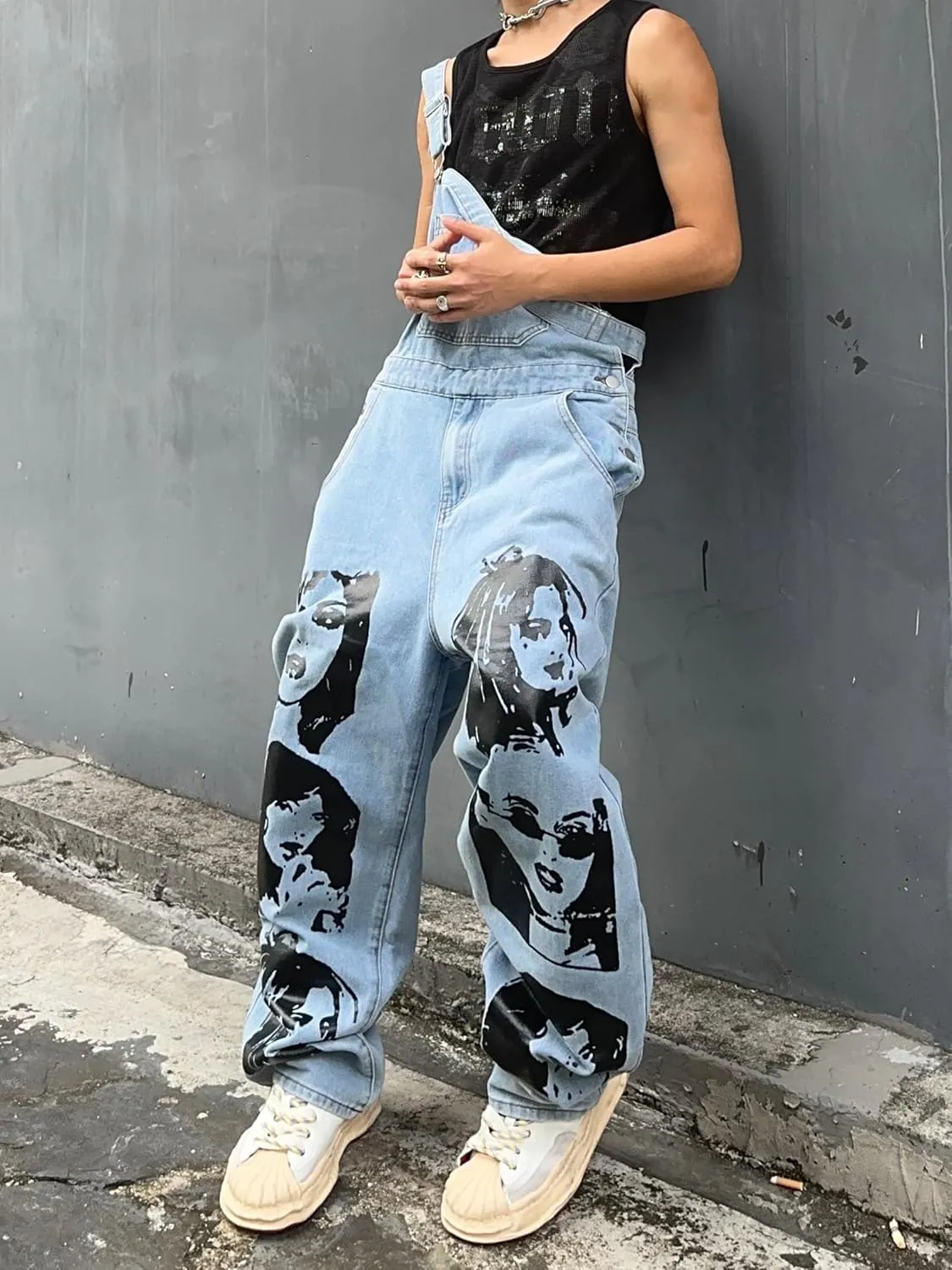 Mens Womens Baggy Denim Bib Overalls Face Funny Graphic Y2k Wide Leg Jean Jumpsuit with Pockets