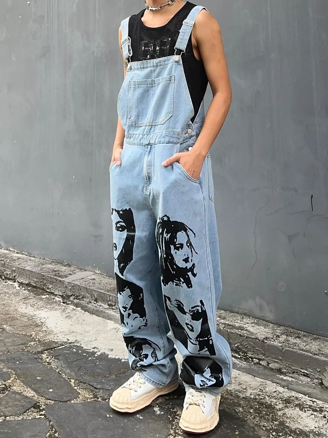 Mens Womens Baggy Denim Bib Overalls Face Funny Graphic Y2k Wide Leg Jean Jumpsuit with Pockets