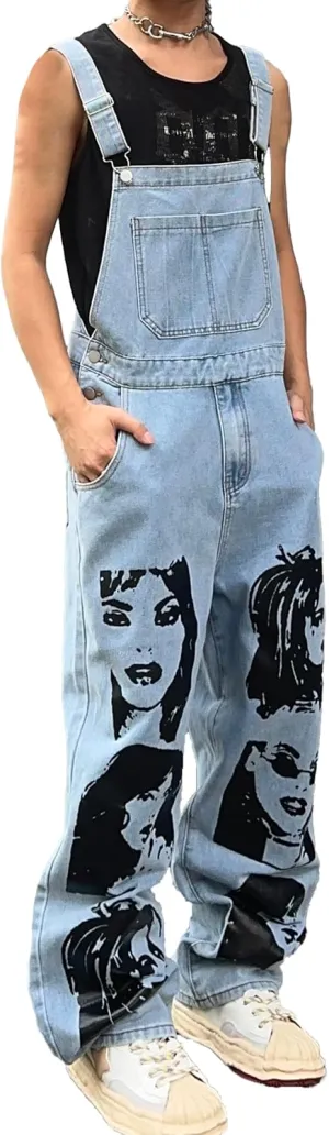 Mens Womens Baggy Denim Bib Overalls Face Funny Graphic Y2k Wide Leg Jean Jumpsuit with Pockets