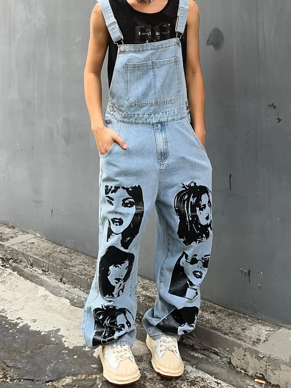 Mens Womens Baggy Denim Bib Overalls Face Funny Graphic Y2k Wide Leg Jean Jumpsuit with Pockets