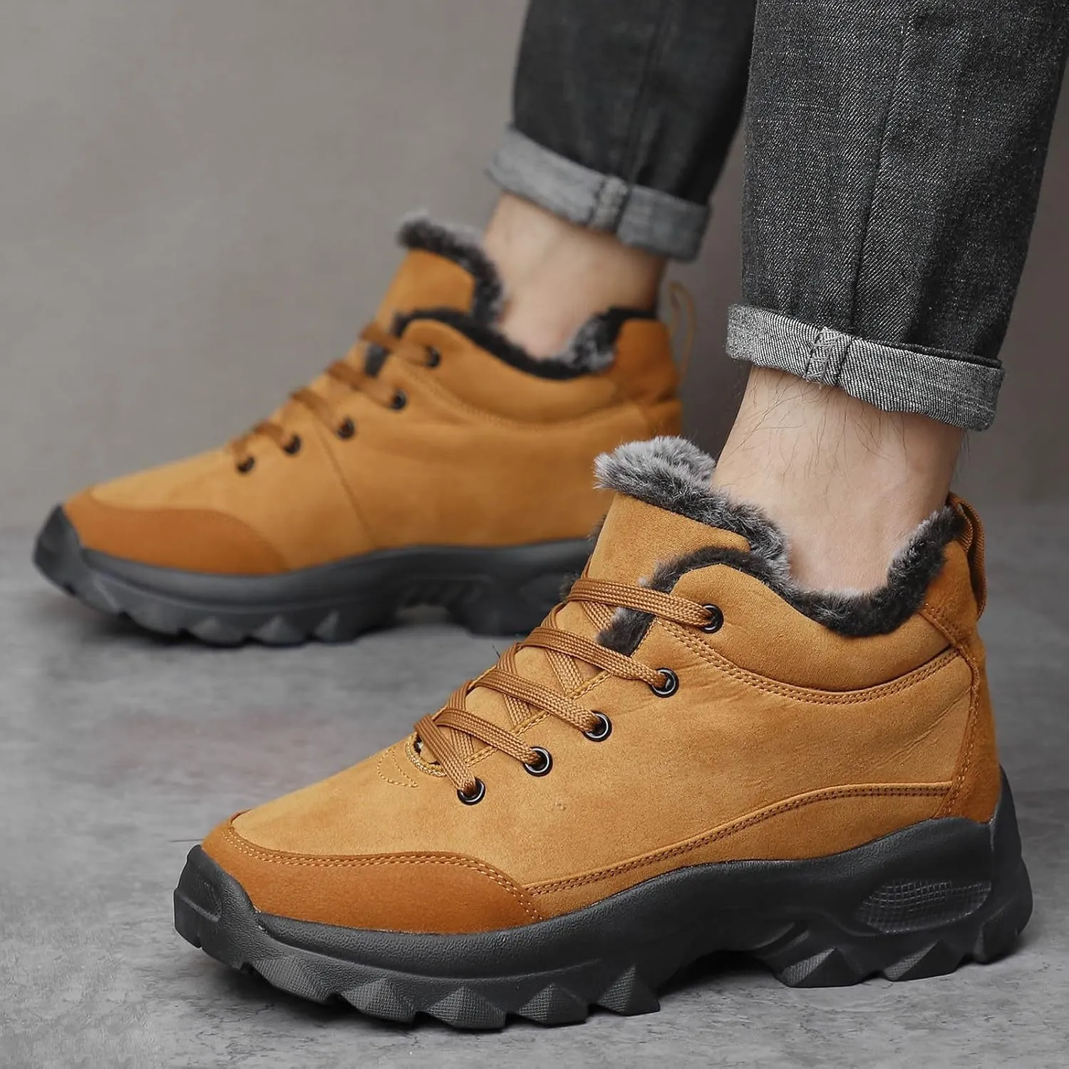 Mens Work Boots Slip On Hiking Sneakers Warm Fur Lined Women Workout Shoes Waterproof Winter Outdoor Botas Waterproof Non Slip Hike Grounded Footwear