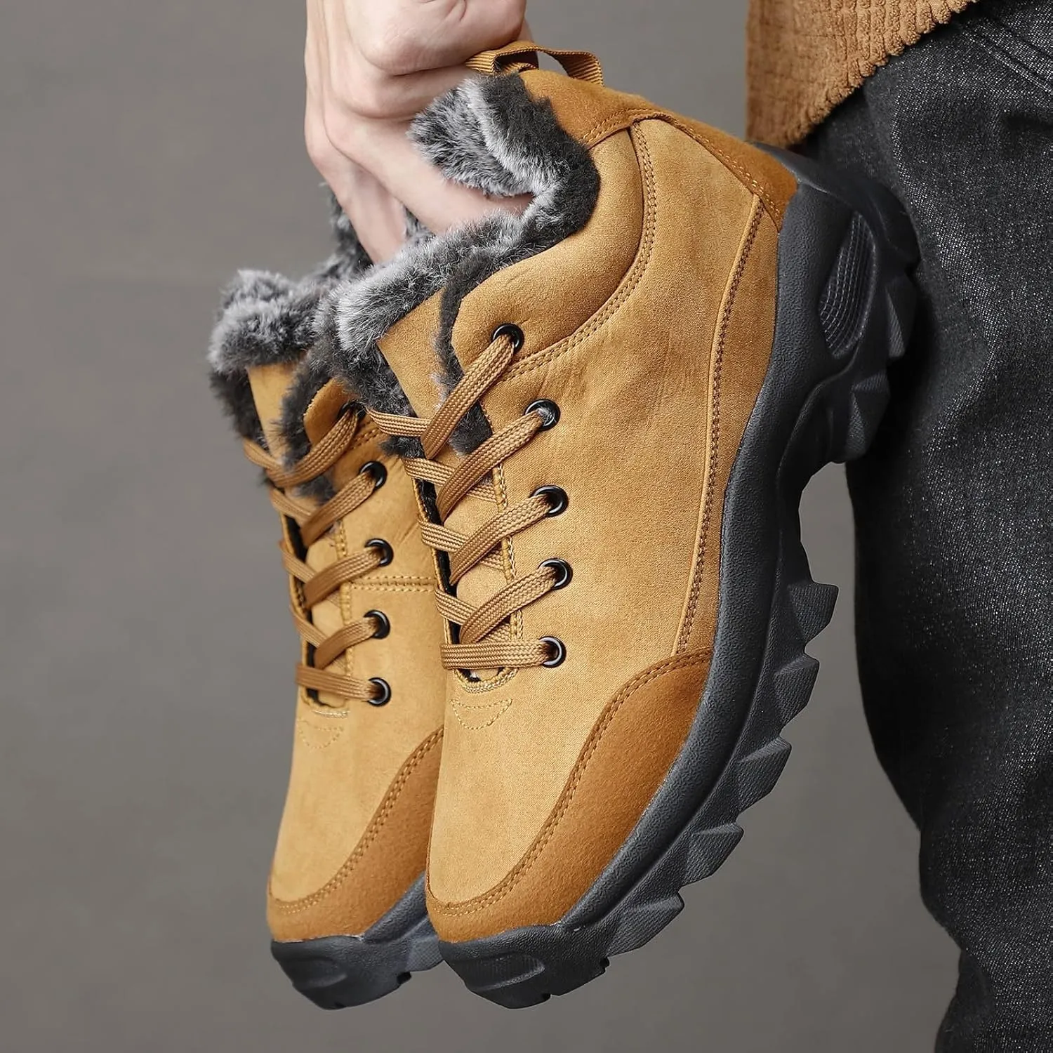 Mens Work Boots Slip On Hiking Sneakers Warm Fur Lined Women Workout Shoes Waterproof Winter Outdoor Botas Waterproof Non Slip Hike Grounded Footwear