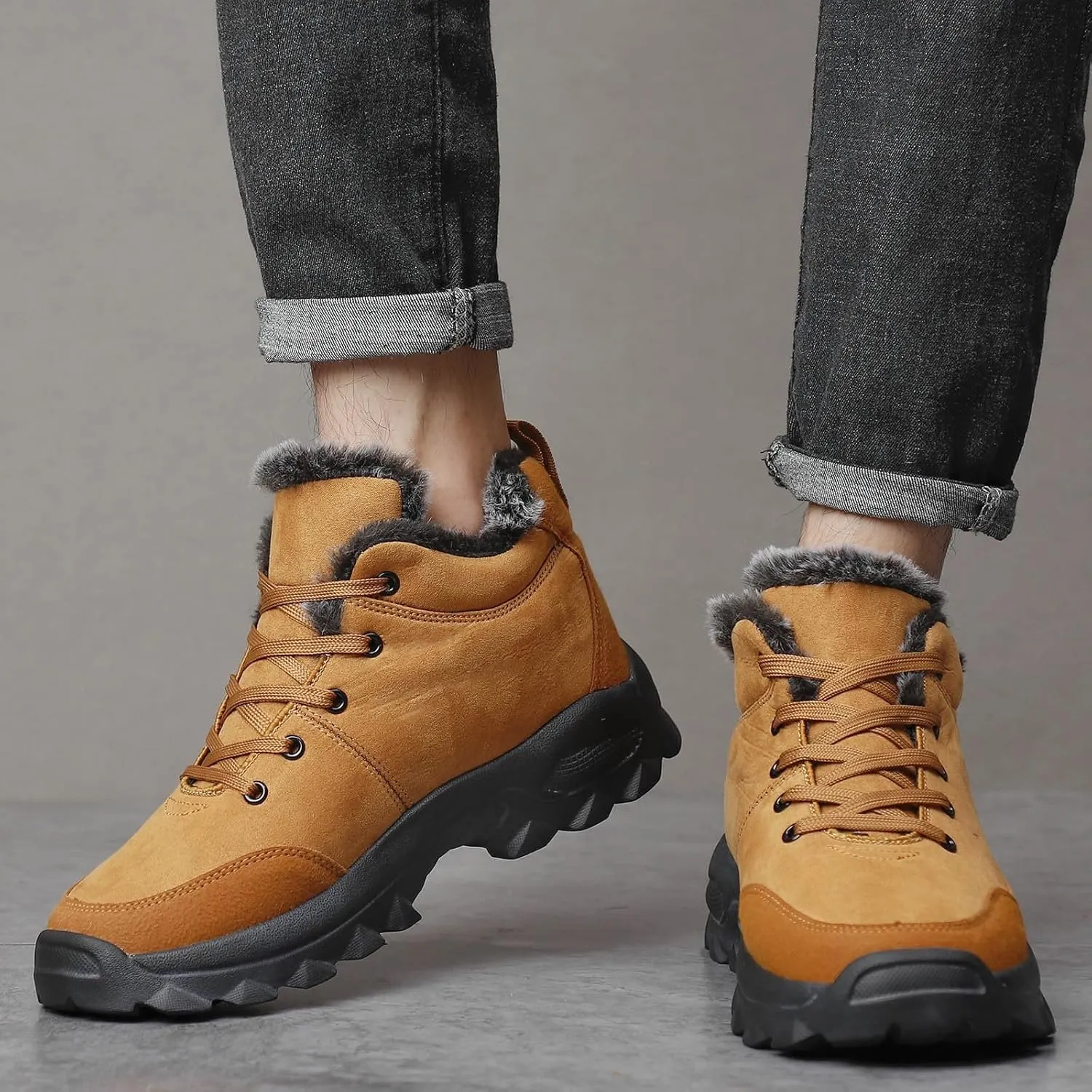 Mens Work Boots Slip On Hiking Sneakers Warm Fur Lined Women Workout Shoes Waterproof Winter Outdoor Botas Waterproof Non Slip Hike Grounded Footwear