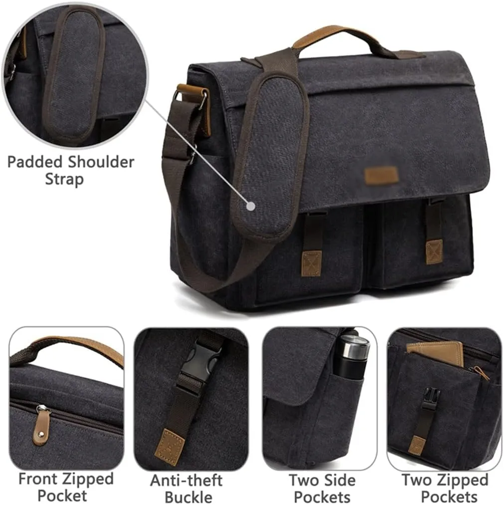 Messenger Bag for Men Vintage Resistant Waxed Canvas 15.6 Inch Laptop Briefcase Padded Shoulder Bag(E)
