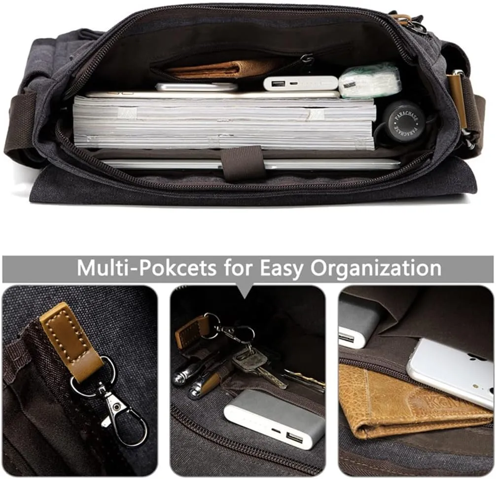 Messenger Bag for Men Vintage Resistant Waxed Canvas 15.6 Inch Laptop Briefcase Padded Shoulder Bag(E)