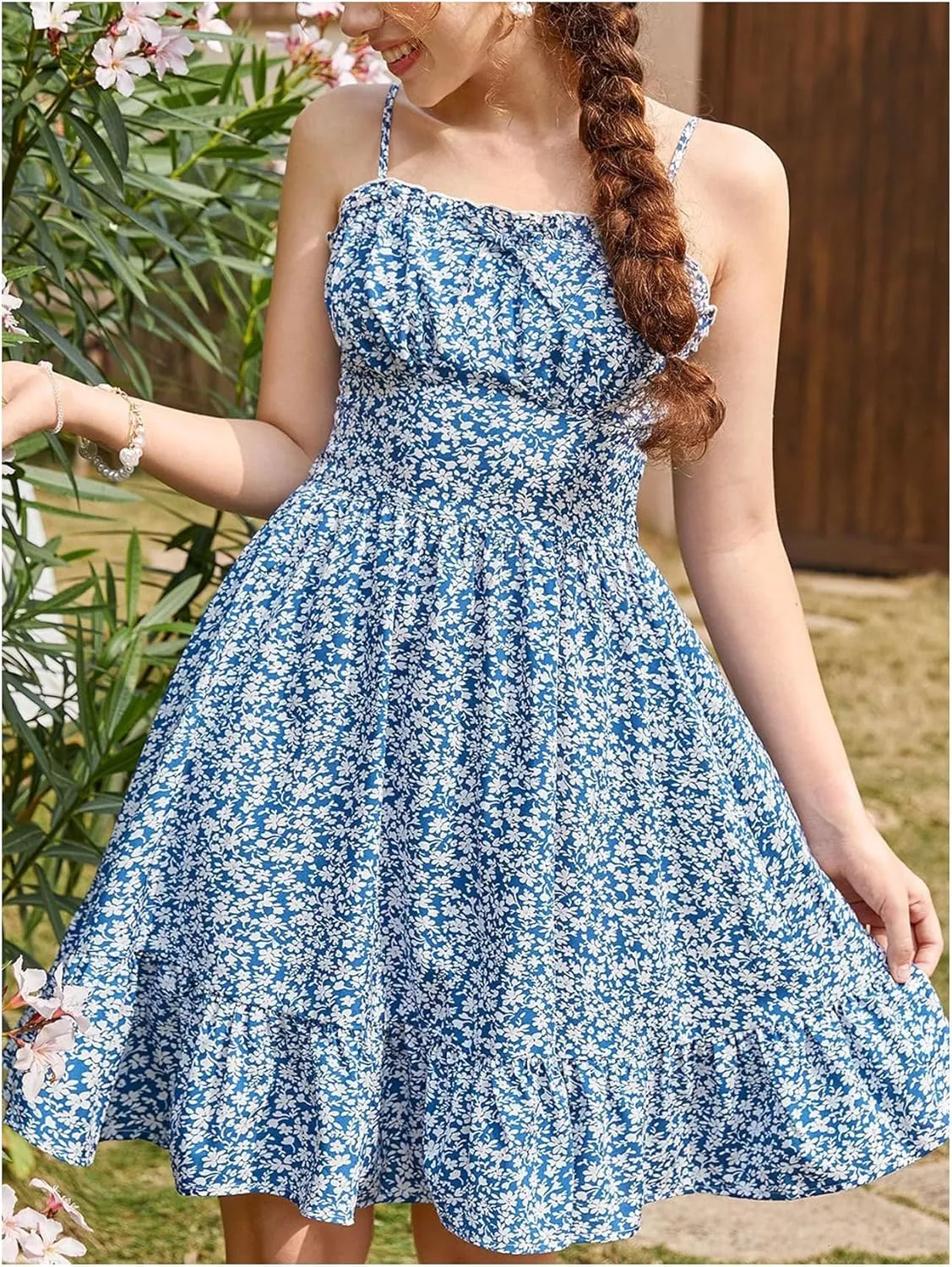 Milumia Girl Floral Print Bowknot Sweetheart Neck Ruffle Hem A Line Mini Cami Dress