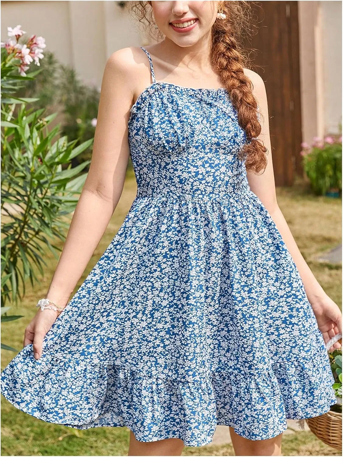 Milumia Girl Floral Print Bowknot Sweetheart Neck Ruffle Hem A Line Mini Cami Dress