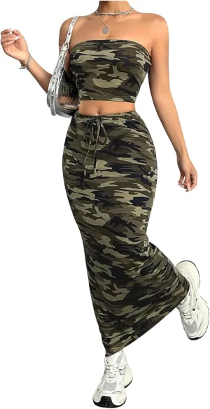 Milumia Women's 2 Piece Set Camo Bandeau Top and Drawstring Bodycon Long Skirt