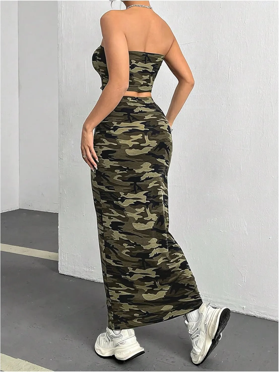 Milumia Women's 2 Piece Set Camo Bandeau Top and Drawstring Bodycon Long Skirt