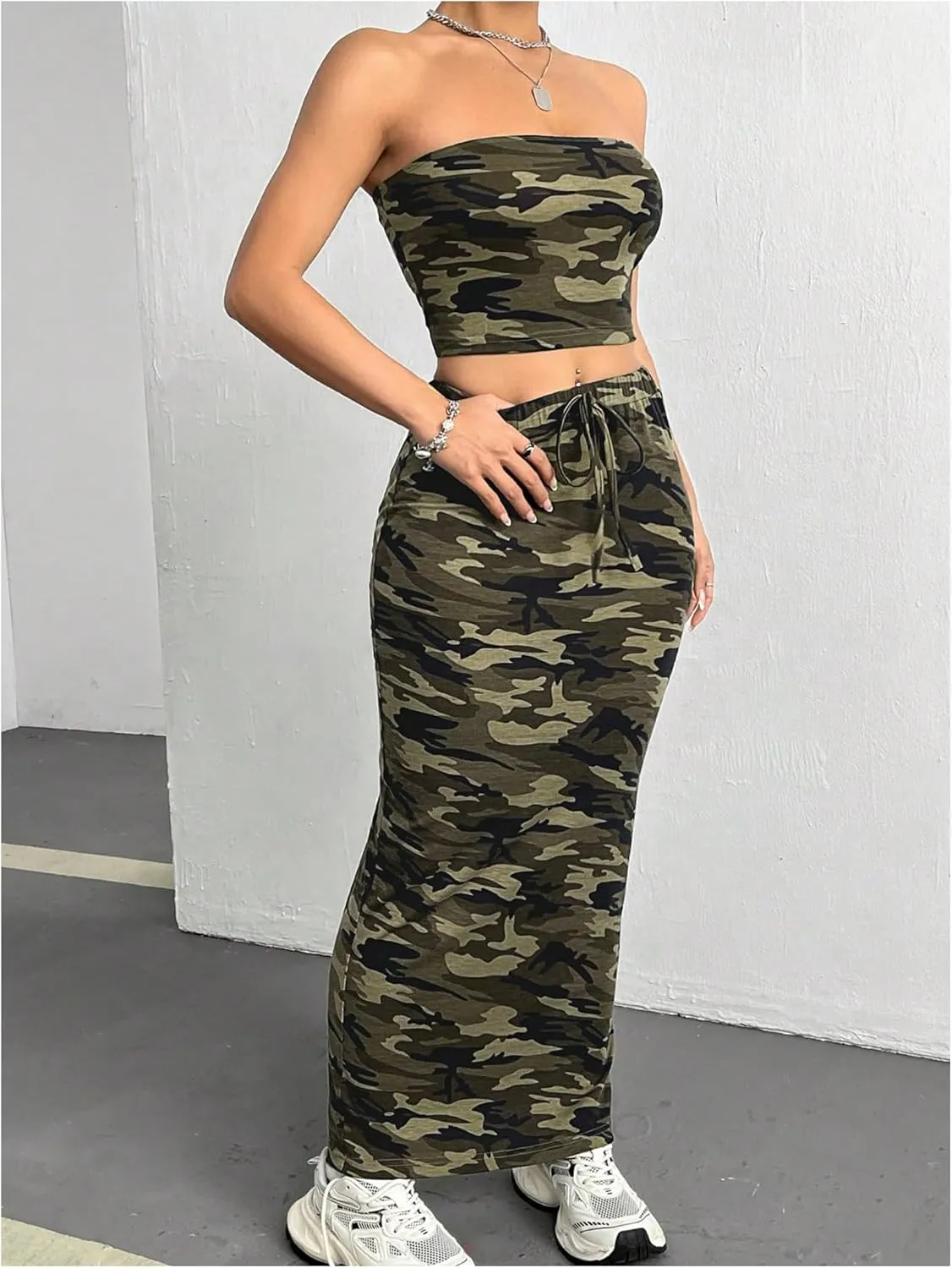 Milumia Women's 2 Piece Set Camo Bandeau Top and Drawstring Bodycon Long Skirt