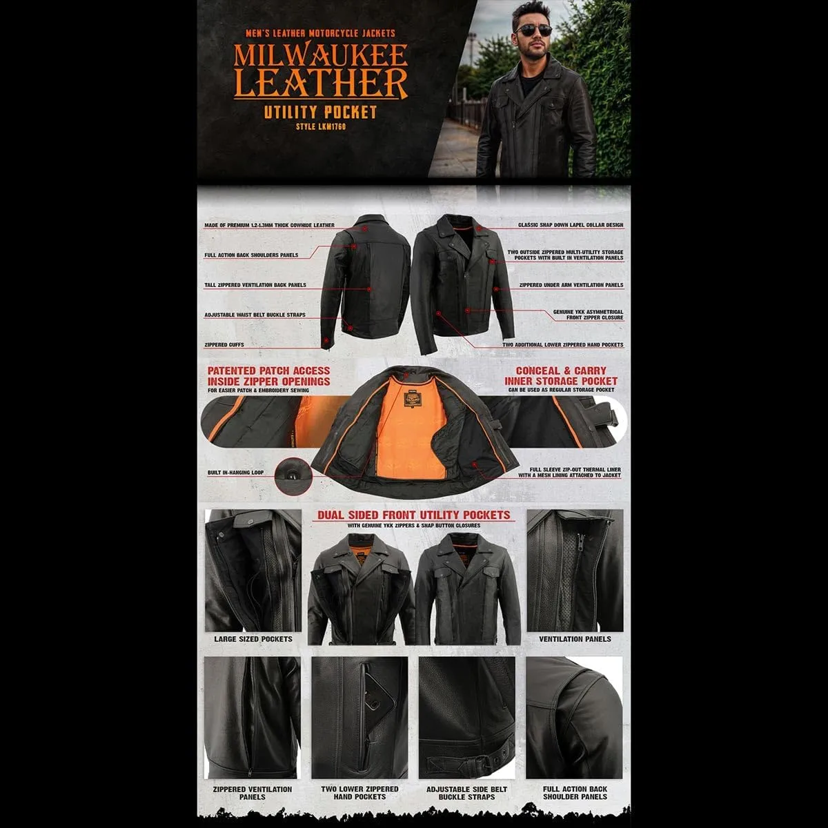 Milwaukee Leather LKM1760 Men's Black Leather Motorcycle Riders Jacket w/Multi-Utility Pockets