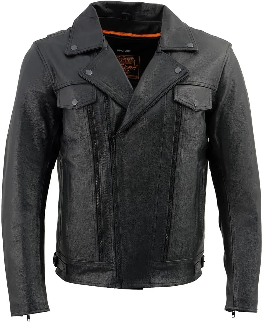 Milwaukee Leather LKM1760 Men's Black Leather Motorcycle Riders Jacket w/Multi-Utility Pockets