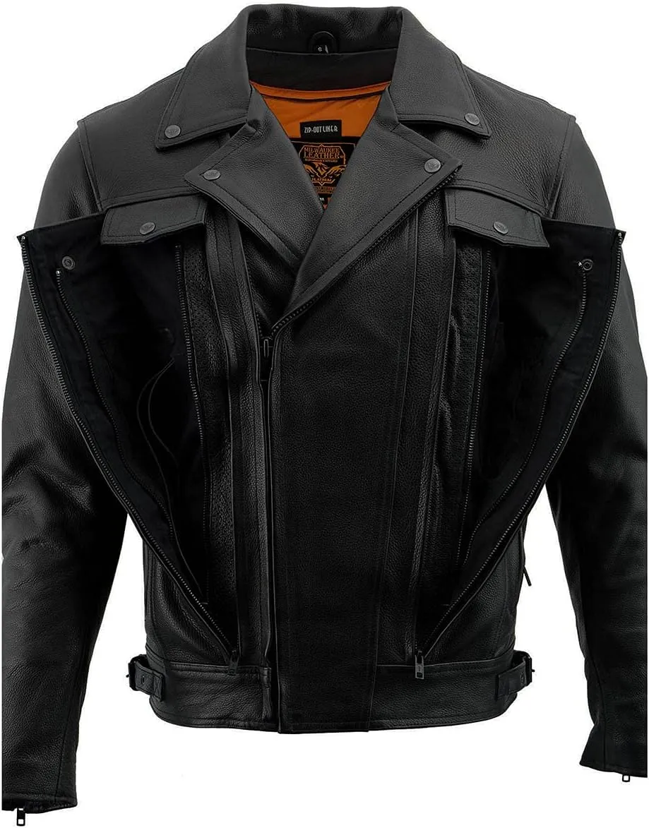 Milwaukee Leather LKM1760 Men's Black Leather Motorcycle Riders Jacket w/Multi-Utility Pockets