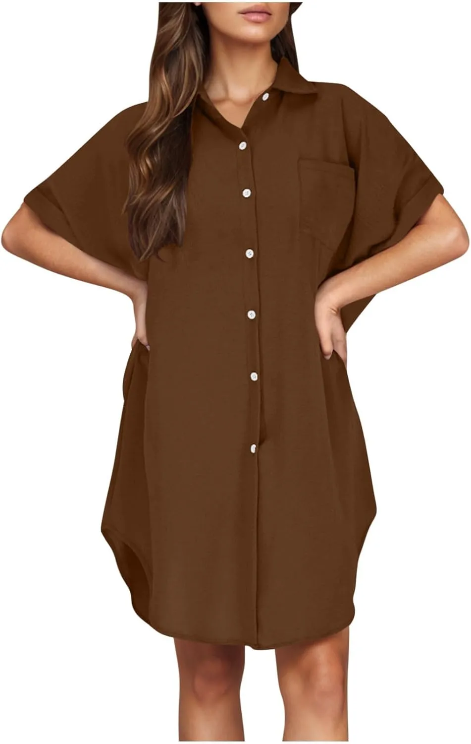 Mini Dress for Women Button Down V Neck Cotton Linen Shirt Dresses Short Sleeve Casual Pure Work Oversized Sundress