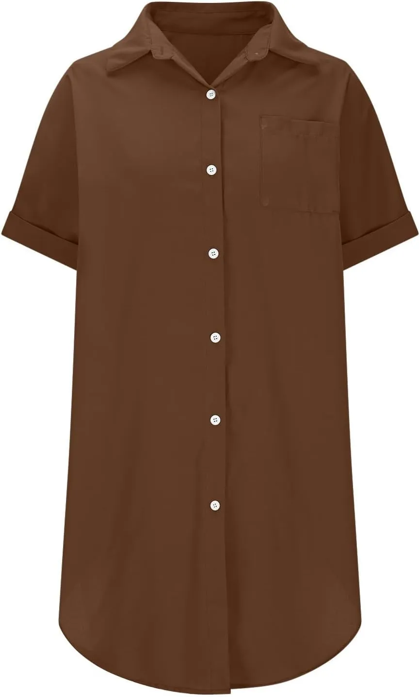 Mini Dress for Women Button Down V Neck Cotton Linen Shirt Dresses Short Sleeve Casual Pure Work Oversized Sundress