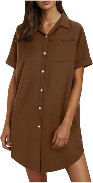 Mini Dress for Women Button Down V Neck Cotton Linen Shirt Dresses Short Sleeve Casual Pure Work Oversized Sundress