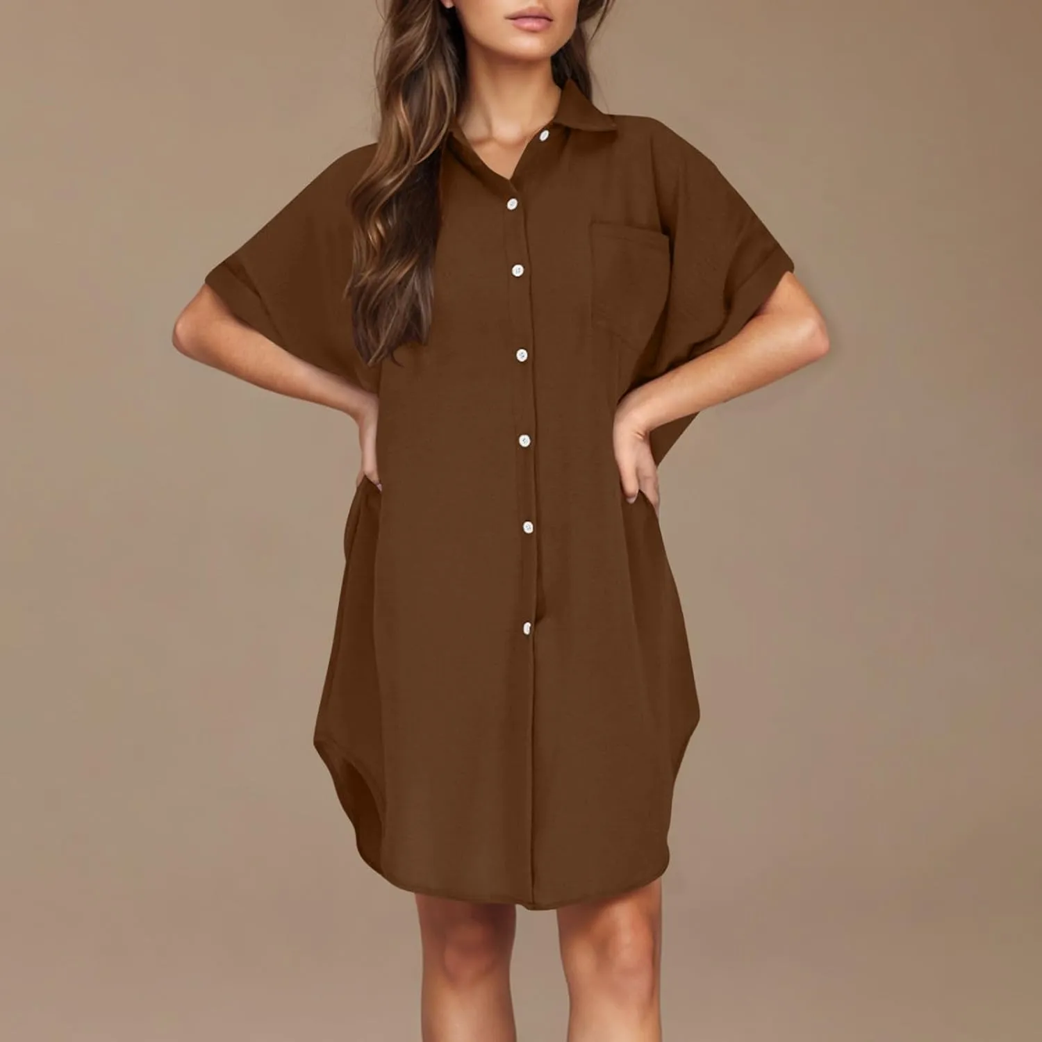 Mini Dress for Women Button Down V Neck Cotton Linen Shirt Dresses Short Sleeve Casual Pure Work Oversized Sundress