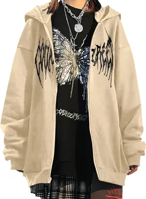 MISSACTIVER Womens Casual Graphic Printed Hoodies Oversized Zip Up 90S E-Girl Streetwear Grunge Jacket