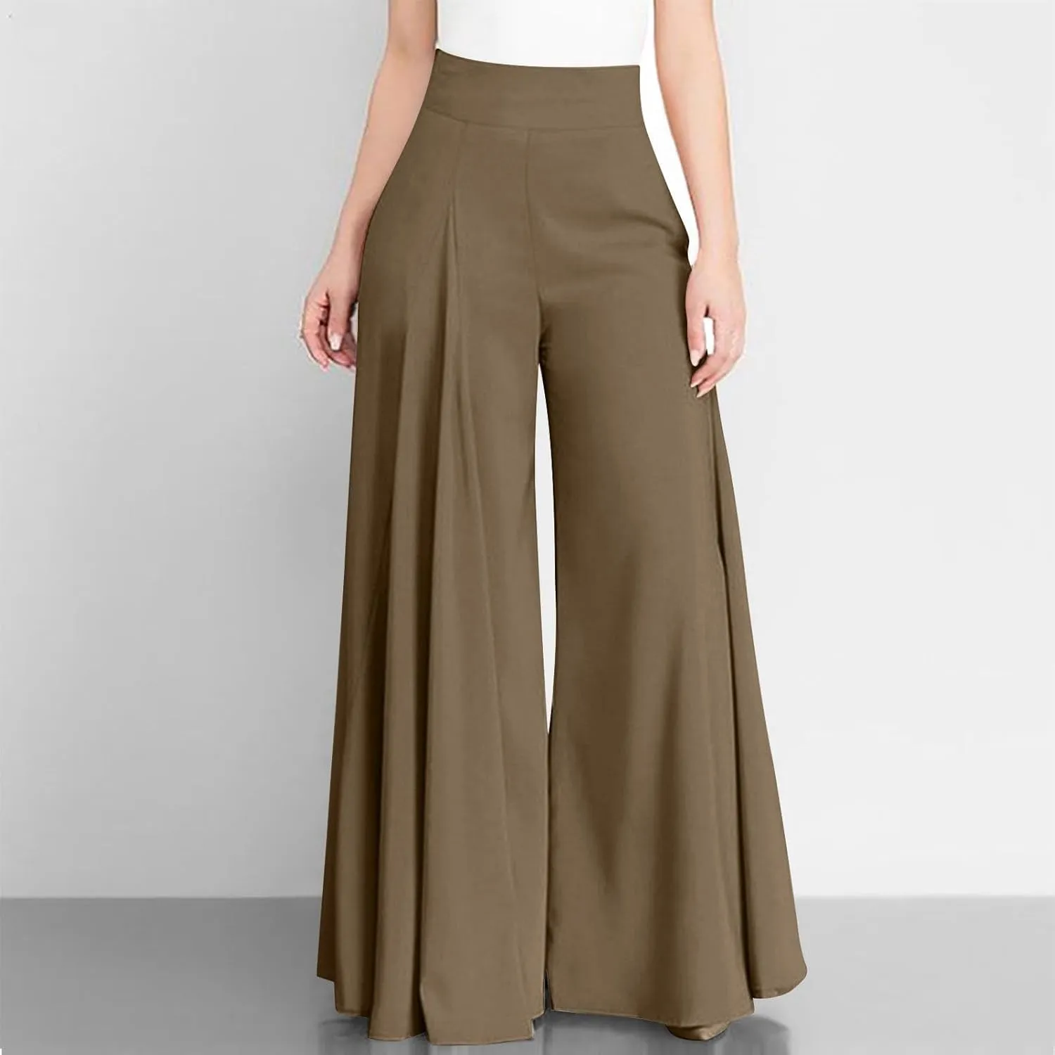 Miyaomn Trendy Flowy Pants for Women Casual High Waist Wide Leg Palazzo Pants Pleated Front Dress Trousers Plus Size Culottes