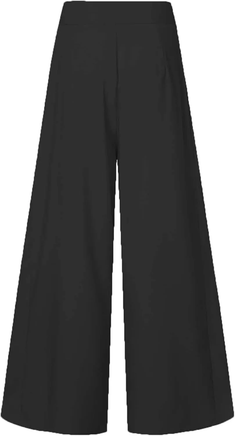 Miyaomn Trendy Flowy Pants for Women Casual High Waist Wide Leg Palazzo Pants Pleated Front Dress Trousers Plus Size Culottes