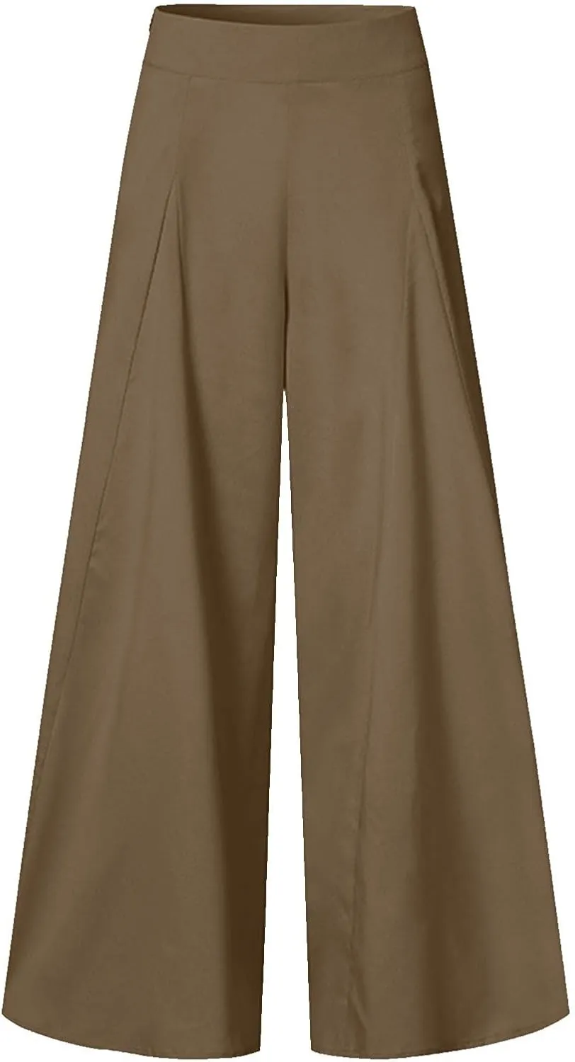 Miyaomn Trendy Flowy Pants for Women Casual High Waist Wide Leg Palazzo Pants Pleated Front Dress Trousers Plus Size Culottes