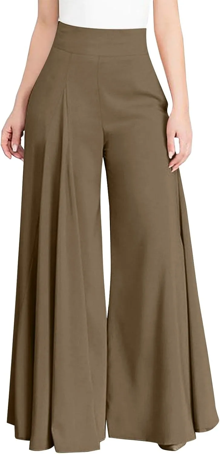 Miyaomn Trendy Flowy Pants for Women Casual High Waist Wide Leg Palazzo Pants Pleated Front Dress Trousers Plus Size Culottes