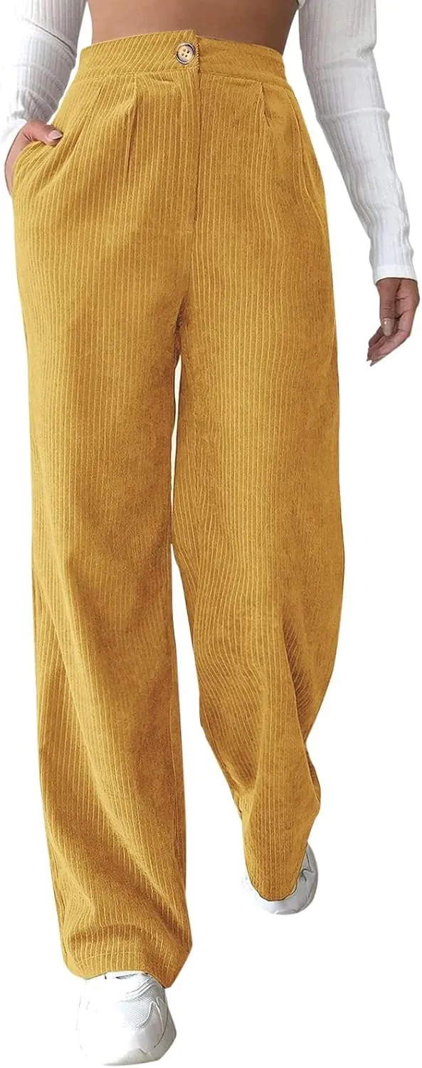 Miyaomn Women Trendy Fall Corduroy Pants Solid Color Loose High Waist Straight Wide Leg Trousers Casual Trousers with Pockets