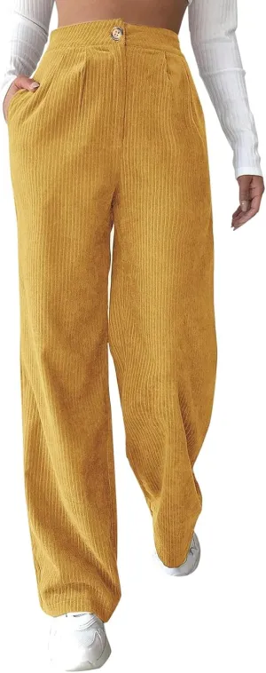 Miyaomn Women Trendy Fall Corduroy Pants Solid Color Loose High Waist Straight Wide Leg Trousers Casual Trousers with Pockets