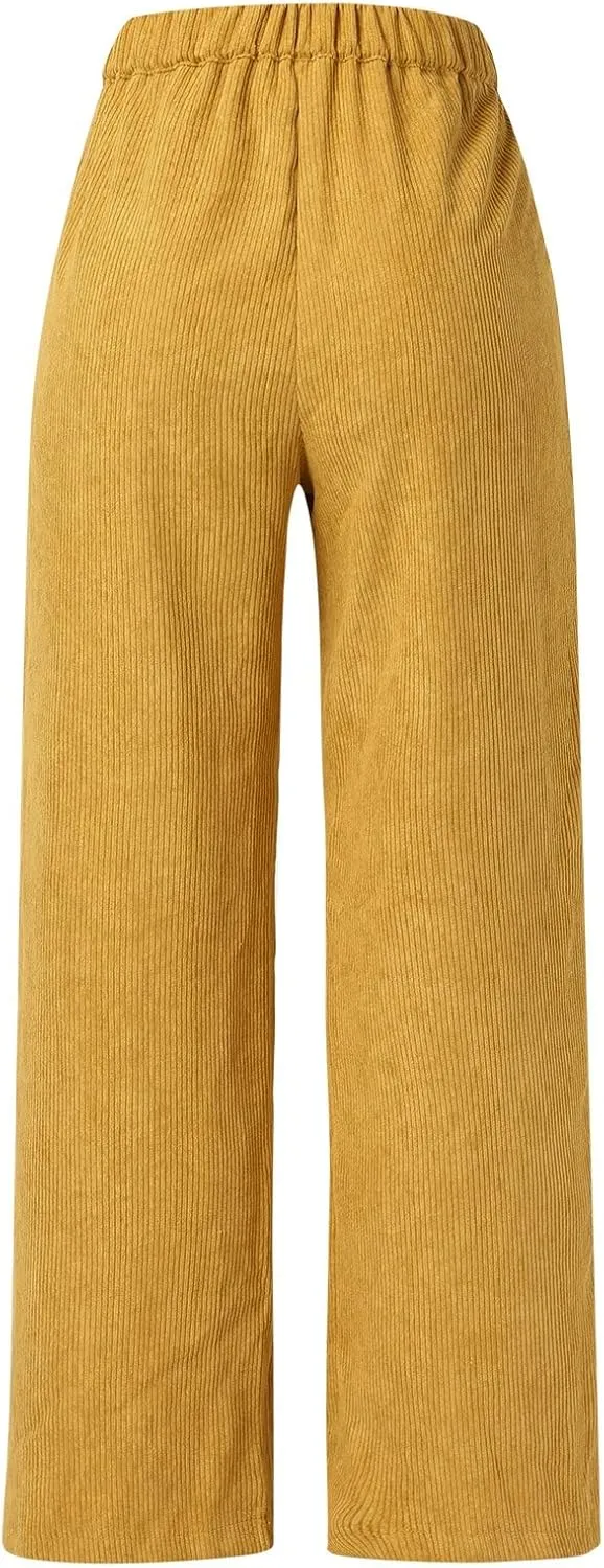 Miyaomn Women Trendy Fall Corduroy Pants Solid Color Loose High Waist Straight Wide Leg Trousers Casual Trousers with Pockets