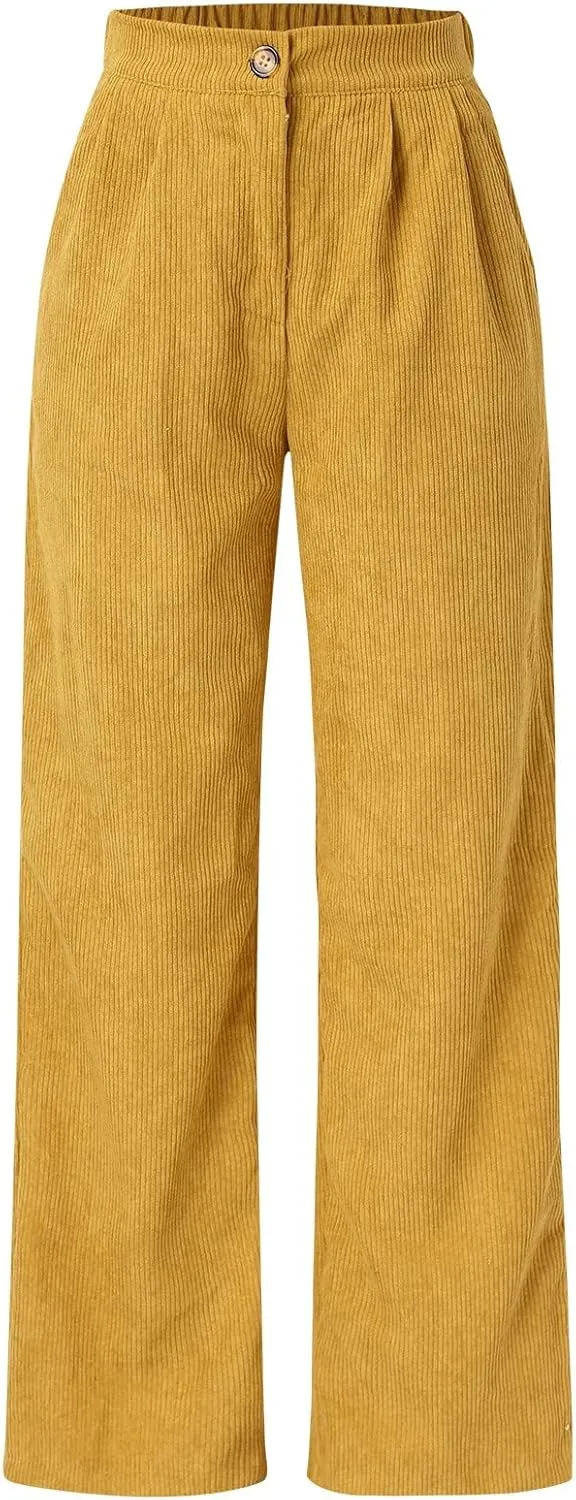 Miyaomn Women Trendy Fall Corduroy Pants Solid Color Loose High Waist Straight Wide Leg Trousers Casual Trousers with Pockets