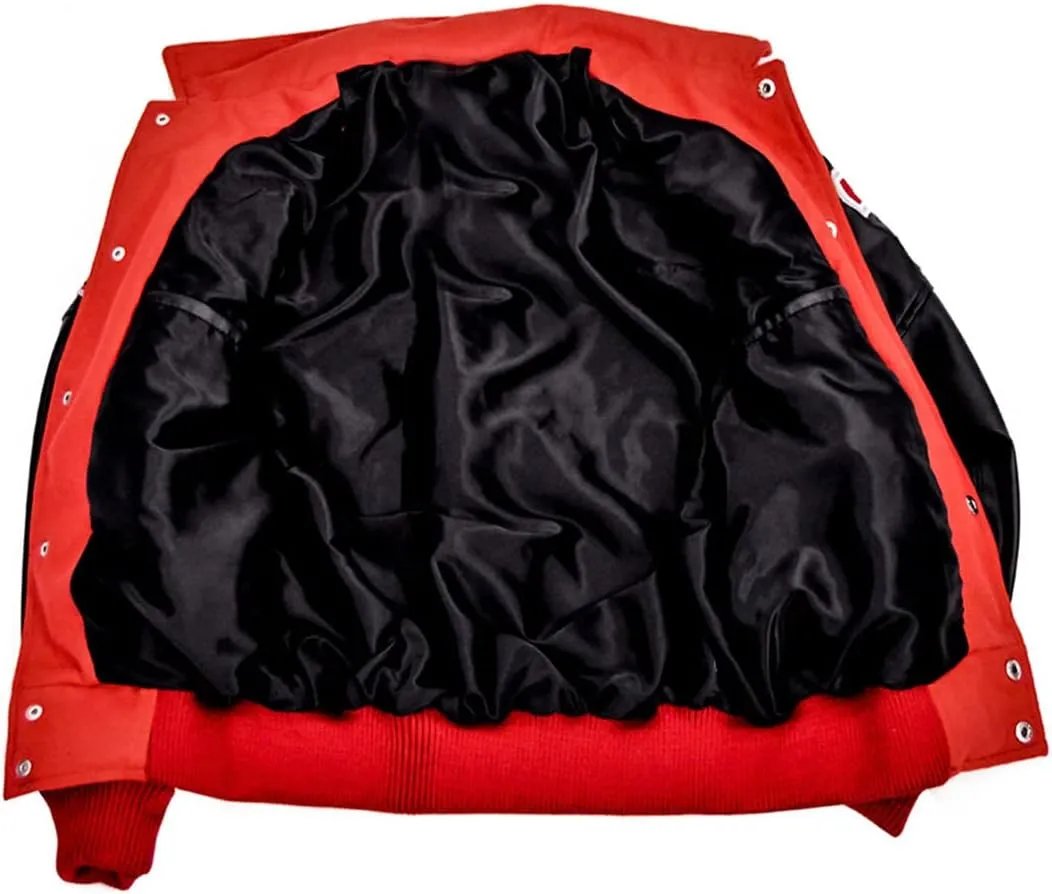 M.J Mickey-Mouse Wool Jacket-Mickey-Mouse Red Wool & Black Faux Leather Sleeves Varsity Jacket