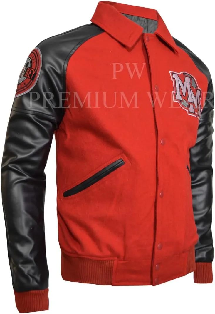 M.J Mickey-Mouse Wool Jacket-Mickey-Mouse Red Wool & Black Faux Leather Sleeves Varsity Jacket