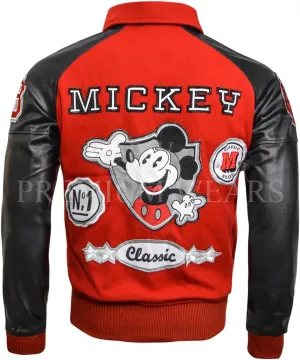 M.J Mickey-Mouse Wool Jacket-Mickey-Mouse Red Wool & Black Faux Leather Sleeves Varsity Jacket