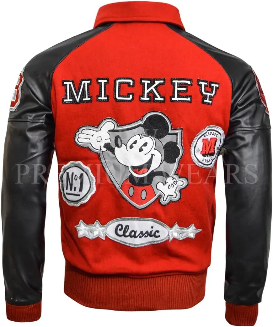 M.J Mickey-Mouse Wool Jacket-Mickey-Mouse Red Wool & Black Faux Leather Sleeves Varsity Jacket