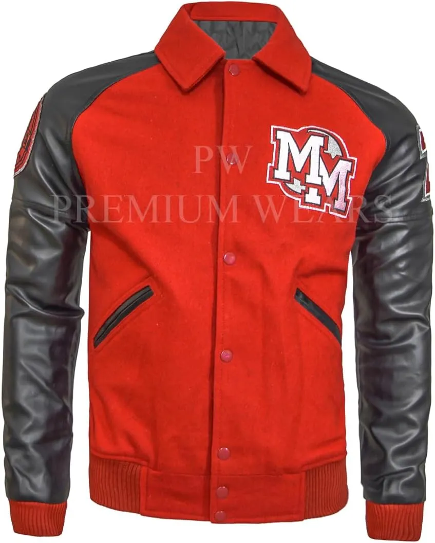 M.J Mickey-Mouse Wool Jacket-Mickey-Mouse Red Wool & Black Faux Leather Sleeves Varsity Jacket