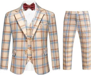 MOGU Boys Plaid Suits 3 Piece Slim Fit Tuxedo Formal Dresswear Suit Set Blazer Jacket Vest Pants Kids Outfits