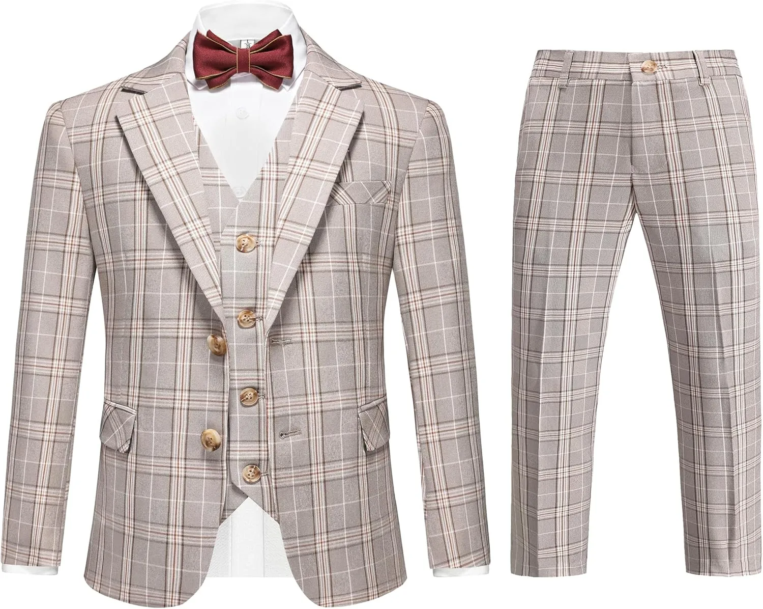 MOGU Boys Plaid Suits 3 Piece Slim Fit Tuxedo Formal Dresswear Suit Set Blazer Jacket Vest Pants Kids Outfits