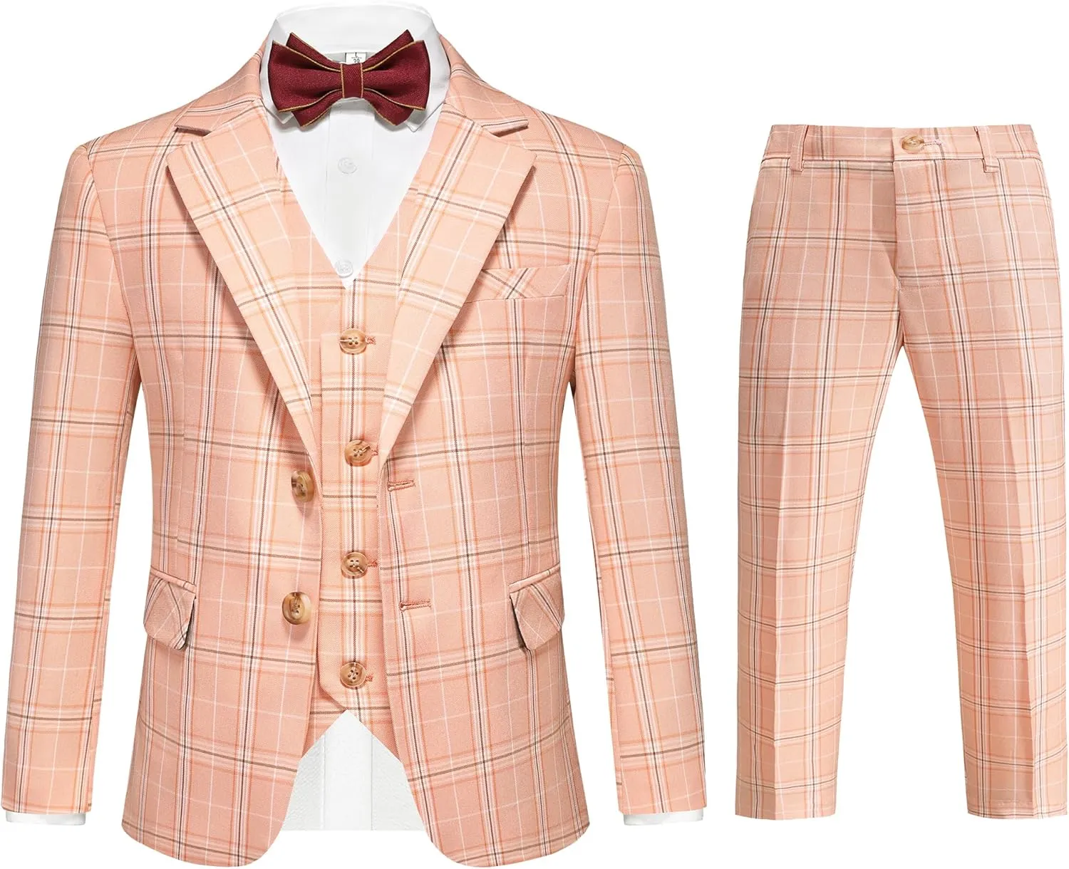 MOGU Boys Plaid Suits 3 Piece Slim Fit Tuxedo Formal Dresswear Suit Set Blazer Jacket Vest Pants Kids Outfits