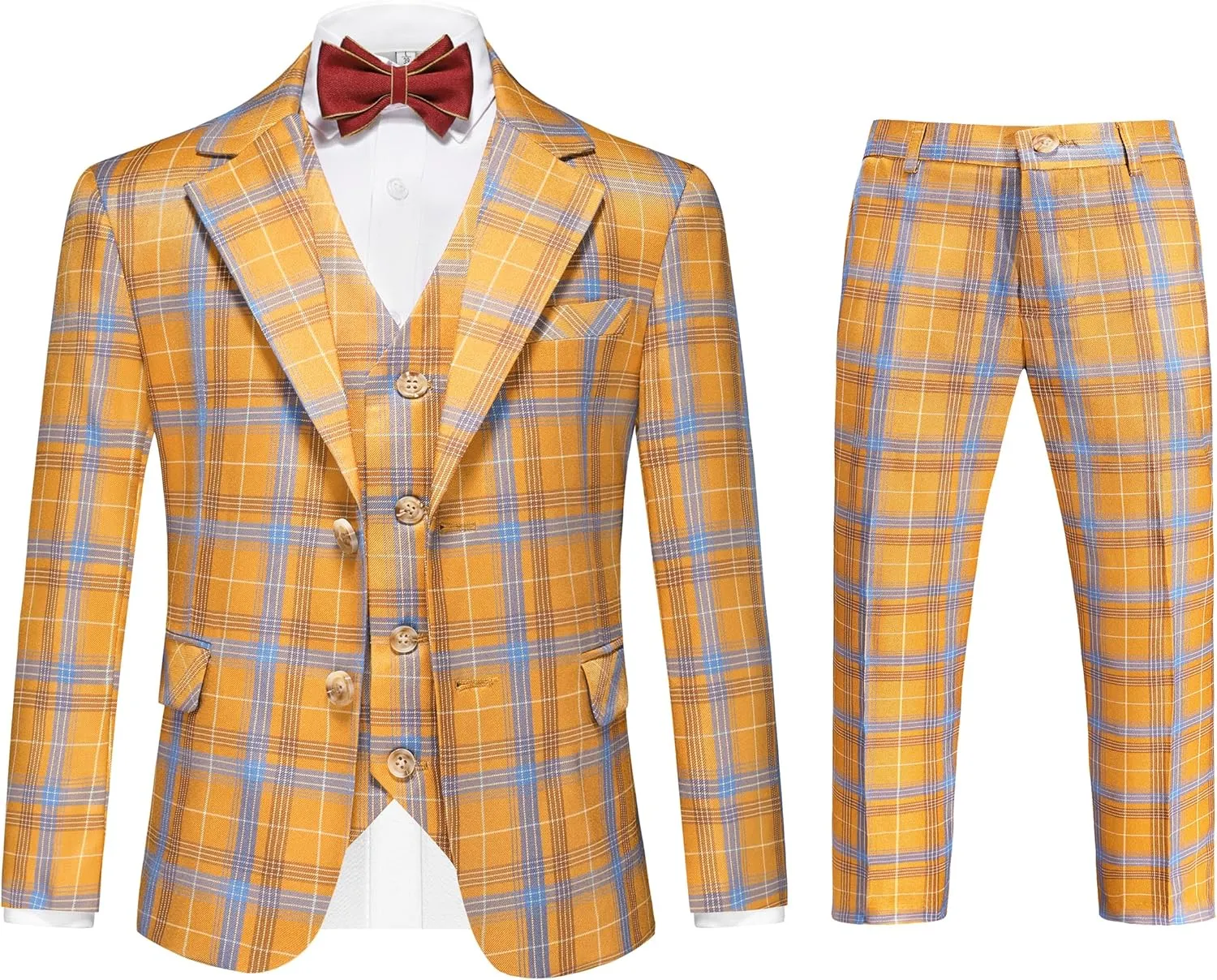 MOGU Boys Plaid Suits 3 Piece Slim Fit Tuxedo Formal Dresswear Suit Set Blazer Jacket Vest Pants Kids Outfits
